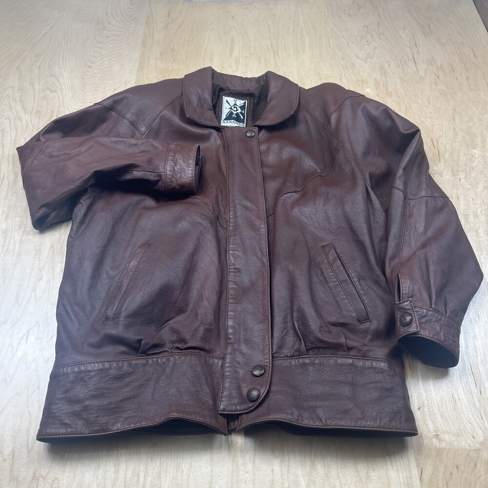 AANANDA Mens Brown Lambskin Leather Jacket Snap Front Lined Bomber Style L